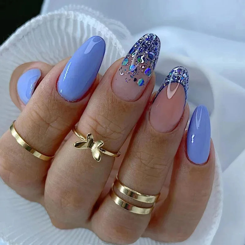 24pcs Almond Blue Gradient Design Press on