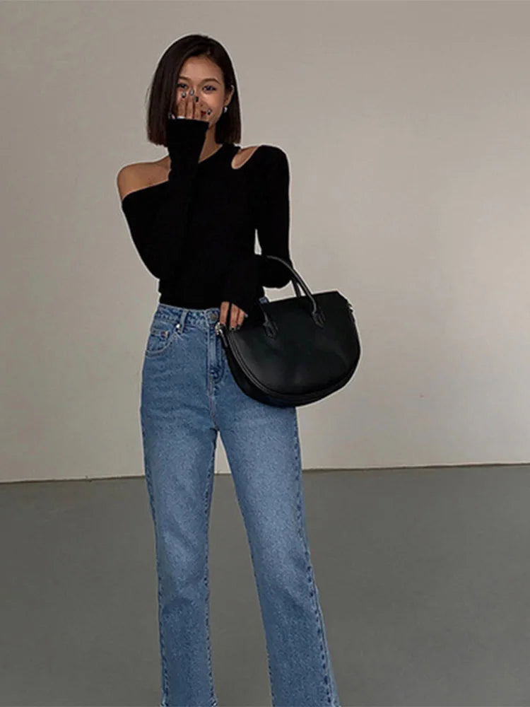 Skew Collar Off-shoulder Long-sleeved T-shirts