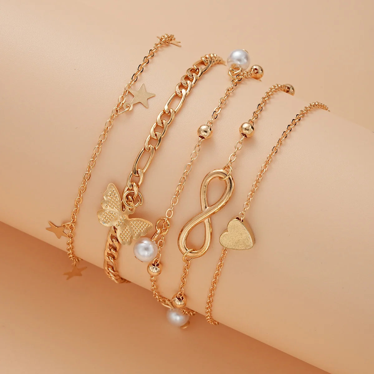 5Pcs Retro Multilayer Tassel Anklet