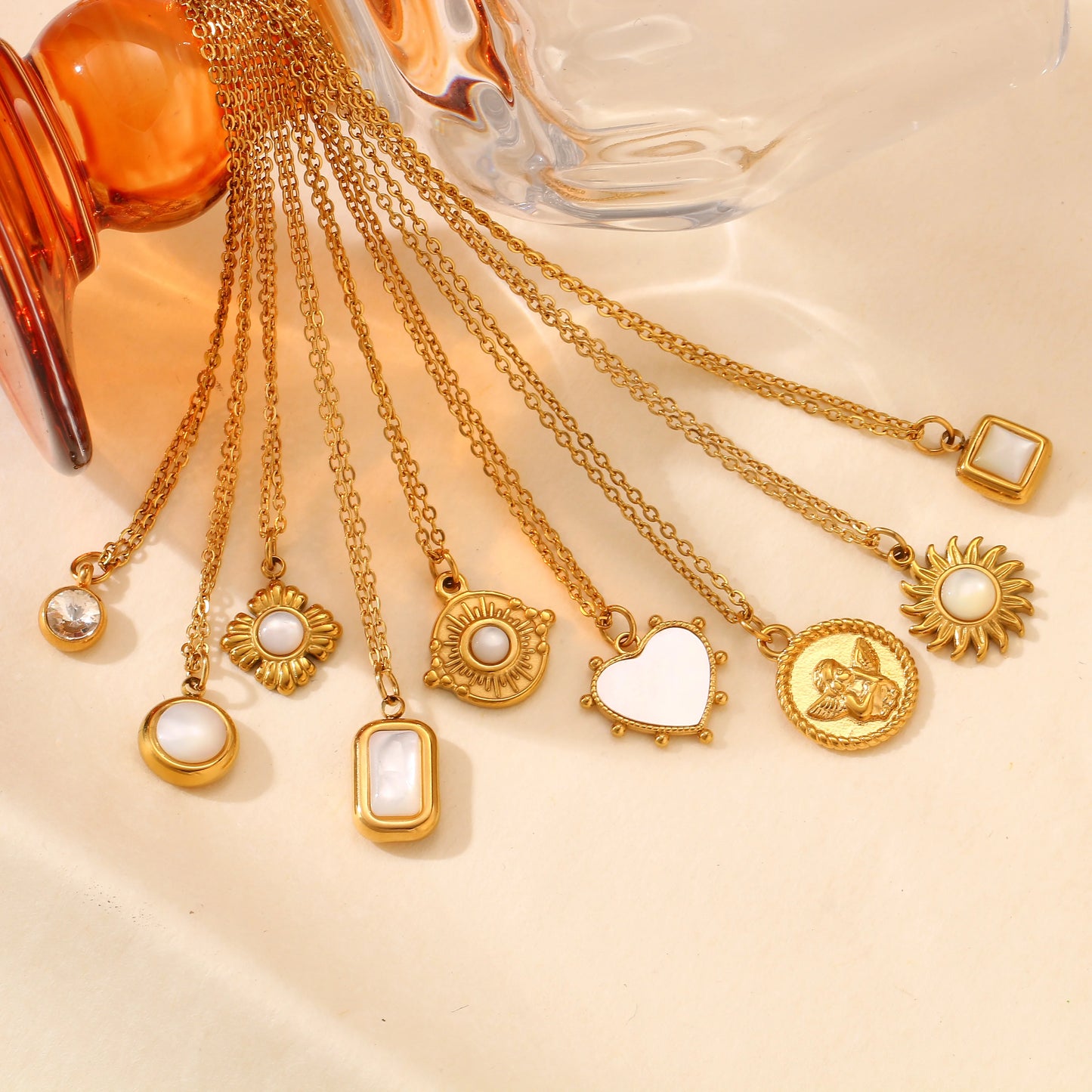 Stainless Steel Geometric Necklace For Women Elegant Heart/Angel/Round/Sun Natural Shell Pendant Clavicle Chain Jewelry Gifts