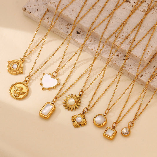 Stainless Steel Geometric Necklace For Women Elegant Heart/Angel/Round/Sun Natural Shell Pendant Clavicle Chain Jewelry Gifts