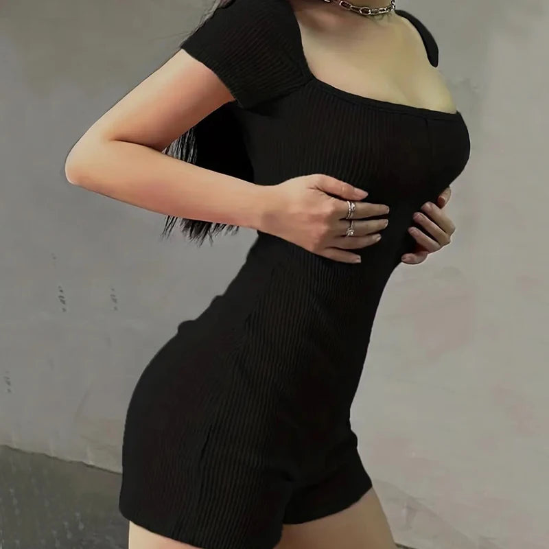 Harajuku Summer Fashion Women Body Square Neck Tops Bodysuits Sexy Slim Fit Foundation Solid Color Chic Romper Streetwear