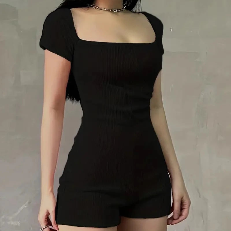 Harajuku Summer Fashion Women Body Square Neck Tops Bodysuits Sexy Slim Fit Foundation Solid Color Chic Romper Streetwear