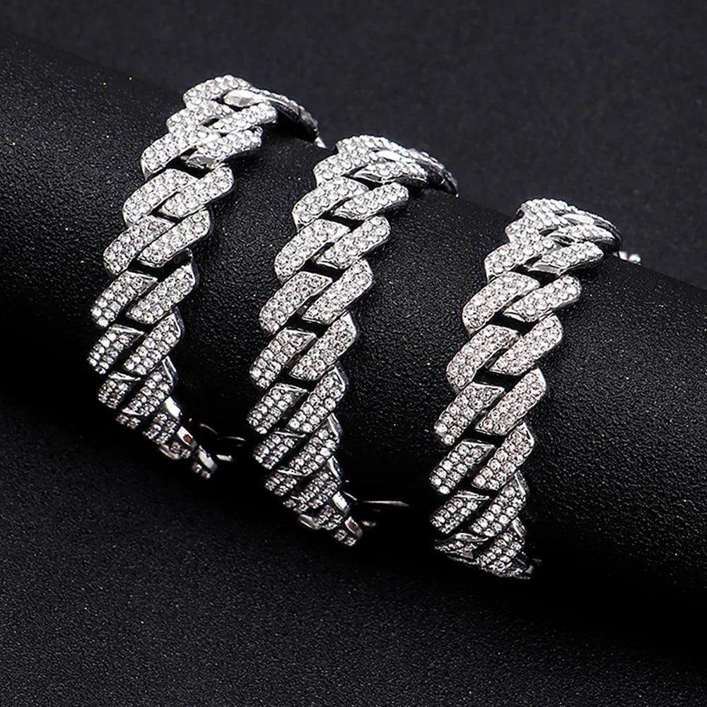 Hip Hop Shiny 14MM Cuban Link Chain Necklace Women Men Silver Color Rhinestone Iced Out Cuban Chain Punk Jewelry Necklace Gift