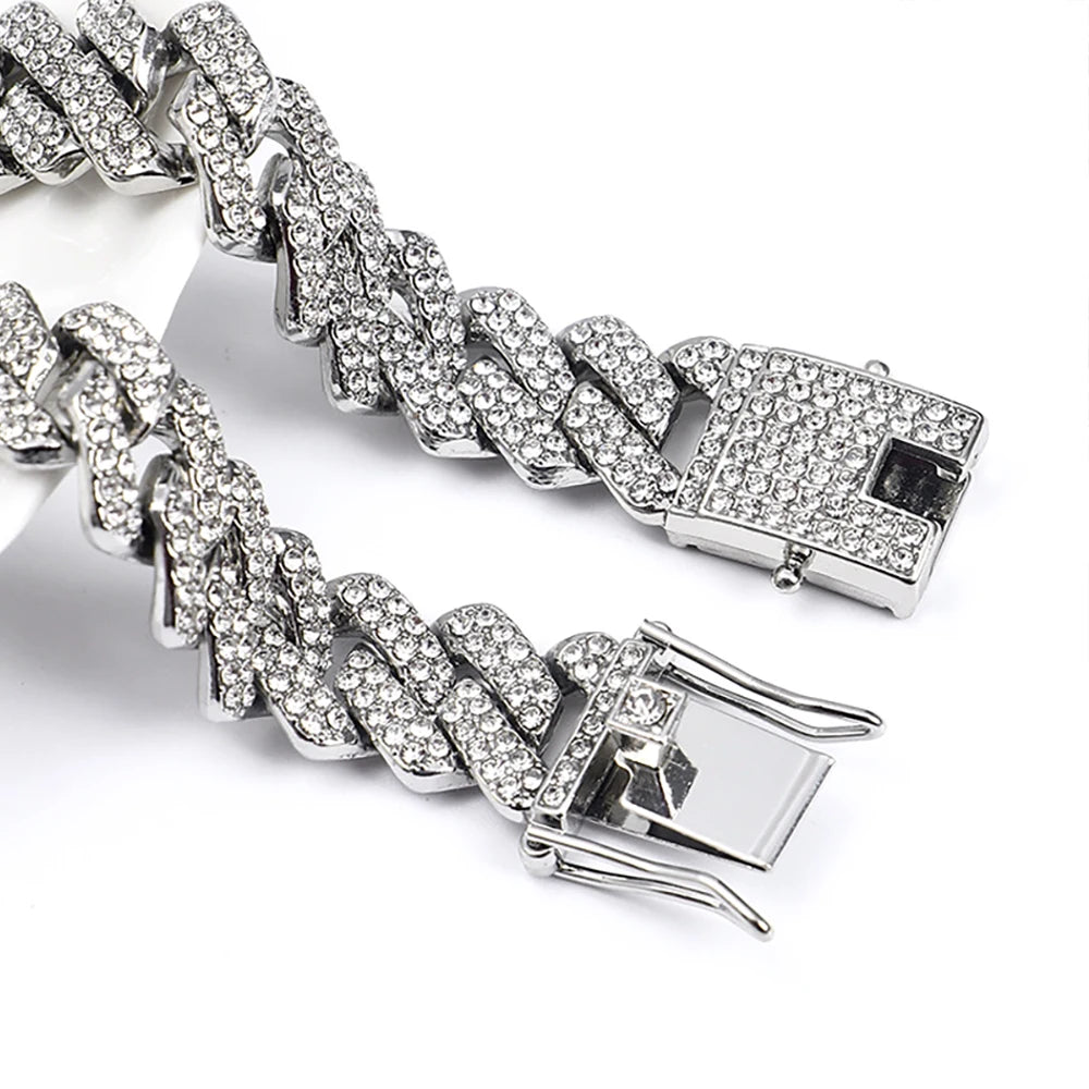 Hip Hop Shiny 14MM Cuban Link Chain Necklace Women Men Silver Color Rhinestone Iced Out Cuban Chain Punk Jewelry Necklace Gift