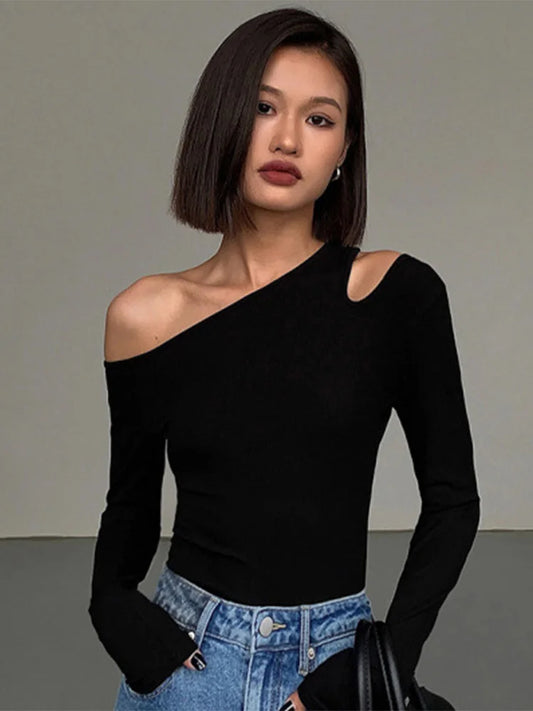 Skew Collar Off-shoulder Long-sleeved T-shirts