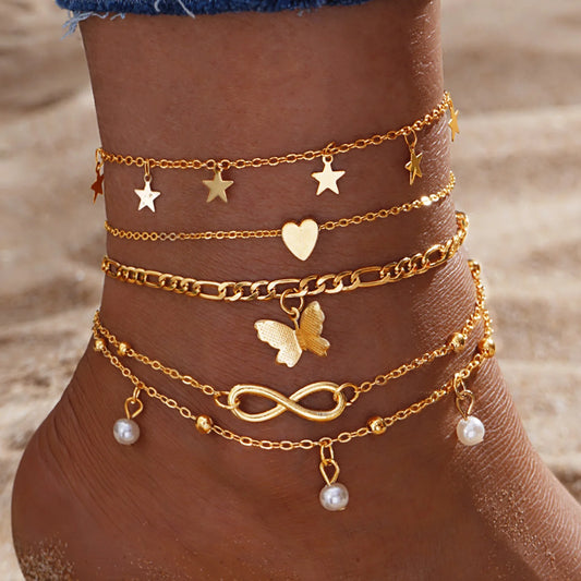 5Pcs Retro Multilayer Tassel Anklet