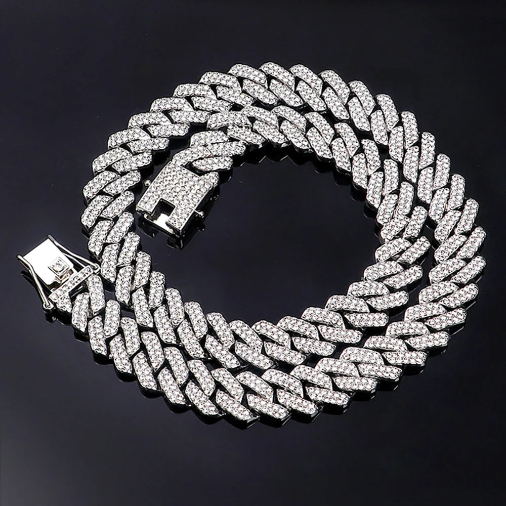 Hip Hop Shiny 14MM Cuban Link Chain Necklace Women Men Silver Color Rhinestone Iced Out Cuban Chain Punk Jewelry Necklace Gift