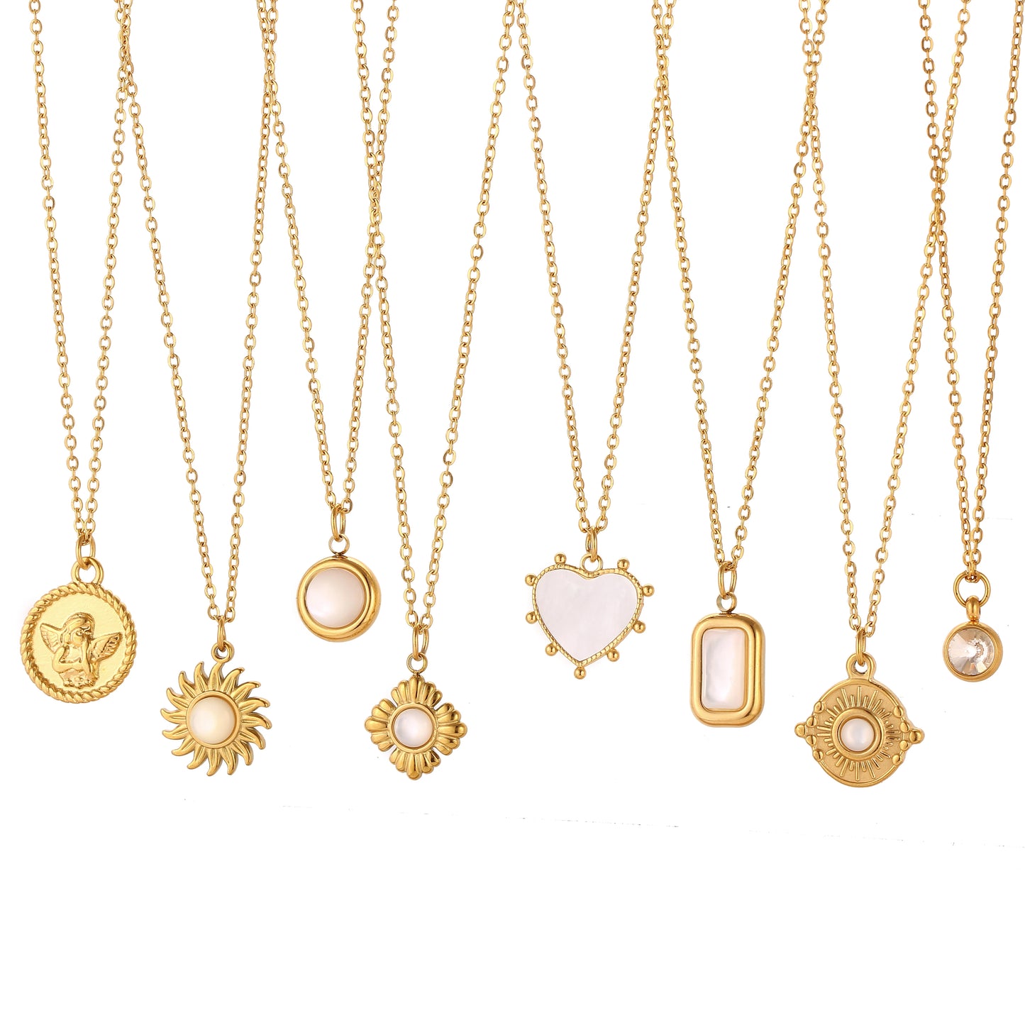 Stainless Steel Geometric Necklace For Women Elegant Heart/Angel/Round/Sun Natural Shell Pendant Clavicle Chain Jewelry Gifts