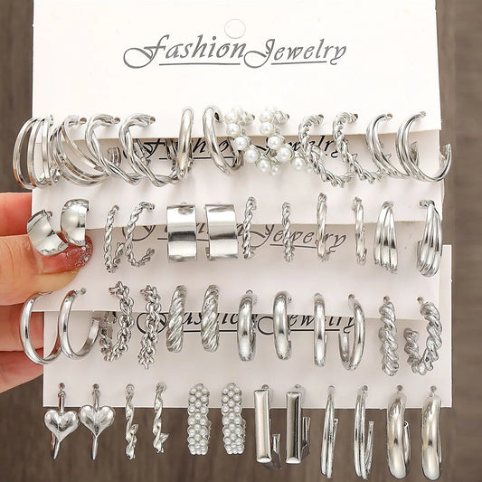 Boho Silver Color Earrings Set for Women Vintage Heart Pearl Metal Geometric Twist Hoops Earrings 2024 New Trendy Jewerly Gifts