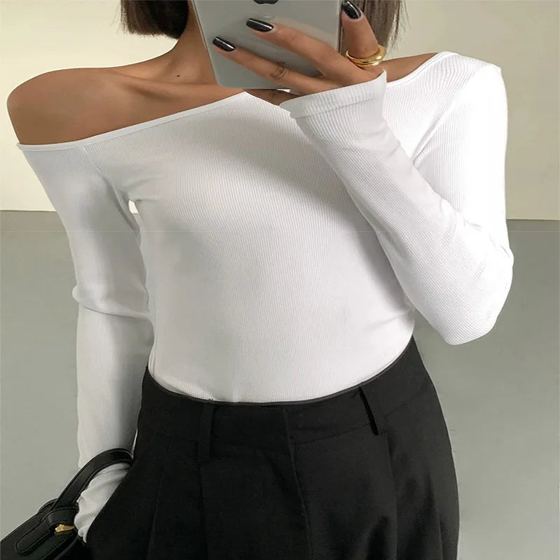 Skew Collar Off-shoulder Long-sleeved T-shirts